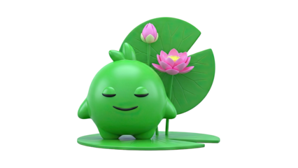 Cute green character with closed eyes and lotus flowers