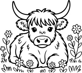 Obraz premium Highland Cow Illustration: A charming, outlined illustration of a Highland cow rests serenely amidst blooming flowers, presenting a peaceful, whimsical scene.
