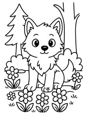 Obraz premium Whimsical Forest Companion: A charming cartoon wolf cub, exuding innocence and curiosity, finds itself amidst a vibrant meadow filled with blooming flowers and tall trees.