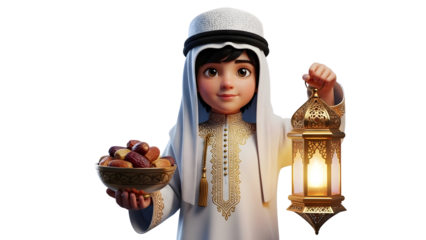 Young boy celebrating ramadan with dates and lantern isolated on transparent background
