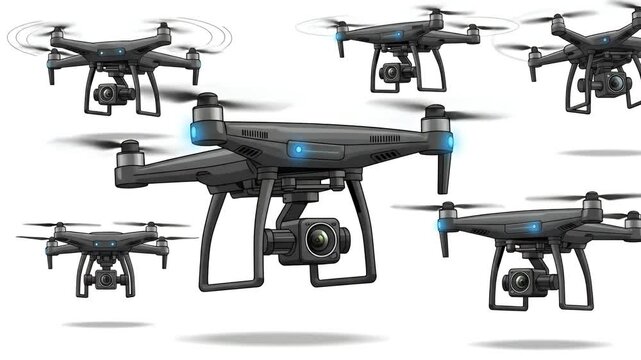 Multiple Black Drones Fly In Formation With Blue Lights For Aerial Photography