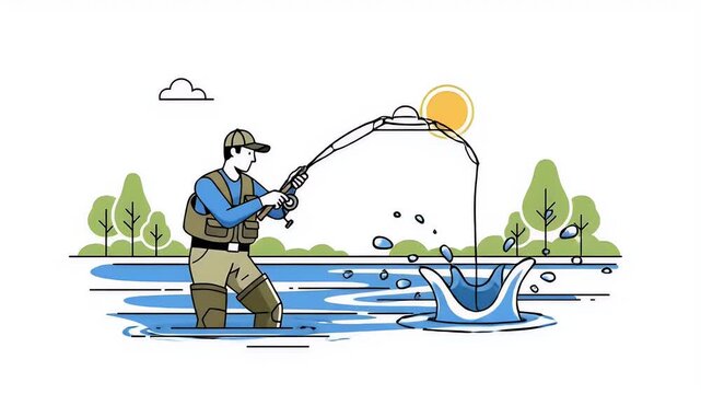 Man Fishing in Water with Catch on Line Sunny Day