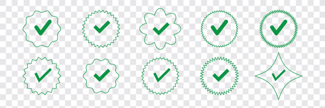 Blue tick verified social media account icons. approved profile sign. black, gold and blue tick in circles and rounded corner star. vector illustration on transparent png background.