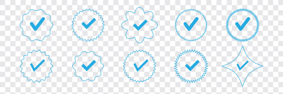 Blue tick verified social media account icons. approved profile sign. black, gold and blue tick in circles and rounded corner star. vector illustration on transparent png background.