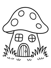 Magical Mushroom House: Whimsical illustration of a charming mushroom house nestled in a grassy landscape, with delicate details.