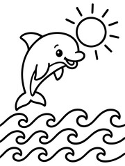 Playful Dolphin Leaping: This cheerful cartoon features a joyous dolphin leaping from the ocean.