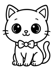 Cute cartoon cat drawing with a bow tie: An endearing cartoon cat with big eyes wearing a cute bow tie. It's an invitation to color and dream.