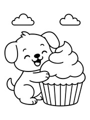 Puppy with cupcake: A cute puppy is hugging a giant cupcake, under a fluffy clouds in happy moment.