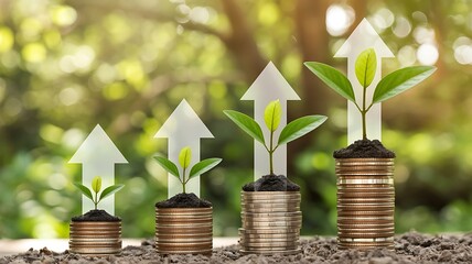 Stacks of coins with sprouting plants and rising arrows in a lush green environment