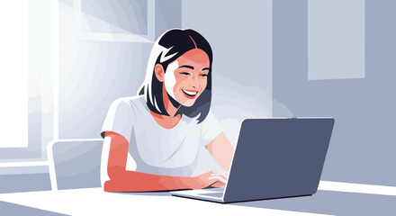Cheerful young woman focused on her laptop, embracing a productive remote work environment with a smile, illuminated by natural light in a contemporary setting
