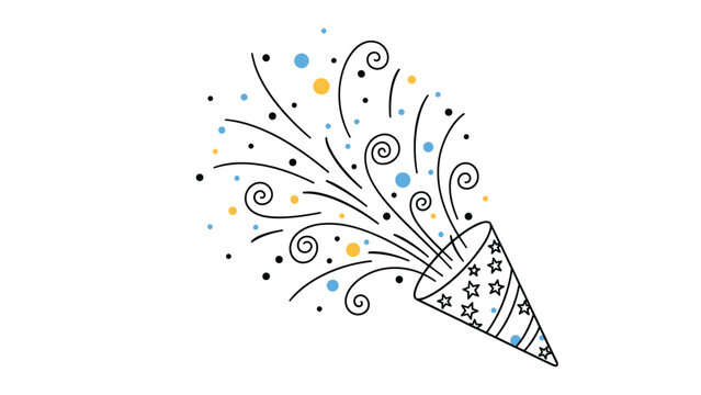Celebration party popper exploding with stars and colorful confetti on a clean white background for festive designs.