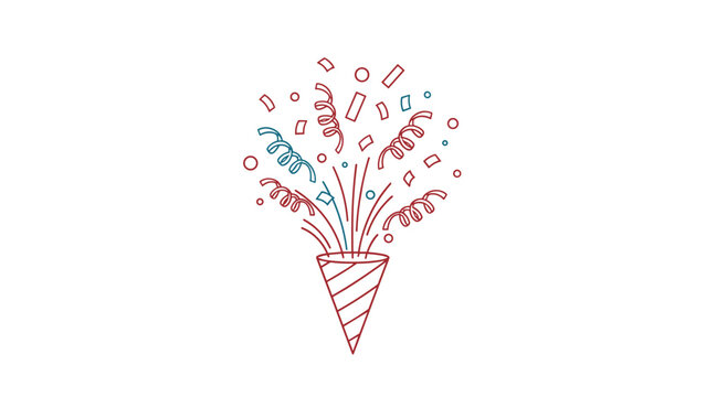 Stylized party popper with red and blue outlined confetti and streamers exploding upward for a festive celebration theme.