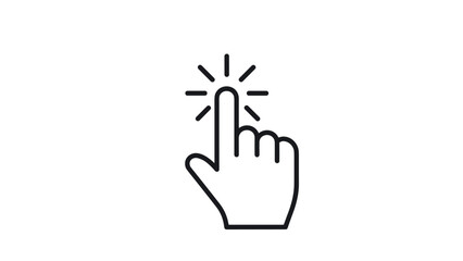 Fototapeta premium Black and white line art of a hand cursor with the index finger clicking, surrounded by radiating action lines.