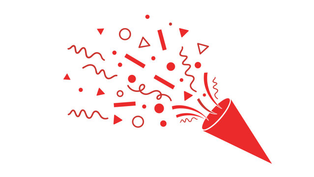 Solid red party popper exploding with a variety of red geometric shapes, streamers, and dots on a white background.