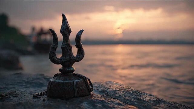 Metal Trishul trident symbol of Lord Shiva on river bank at sunset close up