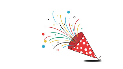 Obraz premium Red party popper with white polka dots releasing vibrant streamers and confetti for a joyful and celebratory atmosphere.