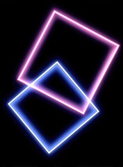 Two overlapping glowing squares, one pink, one blue, against a stark black background