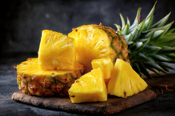Golden pineapple chunks glisten under soft light, showcasing their freshness. The warm wood contrasts beautifully with the vibrant fruit, inviting a taste of summer.