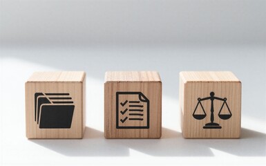 Obraz premium Three wooden blocks symbolize law, documentation, and justicerepresenting legal process or compliance.