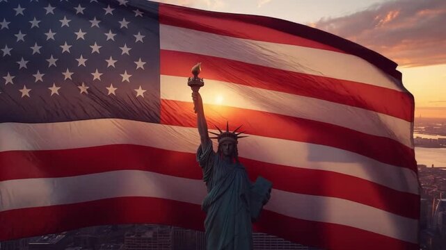 Statue of Liberty and American Flag Honoring Independence Day
