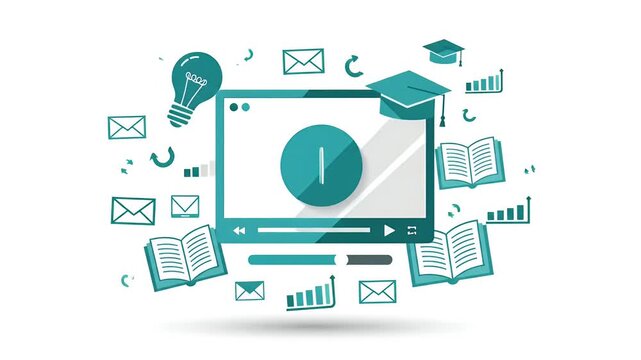 Online Education Learning Video Play Button With Books And Graduation Cap
