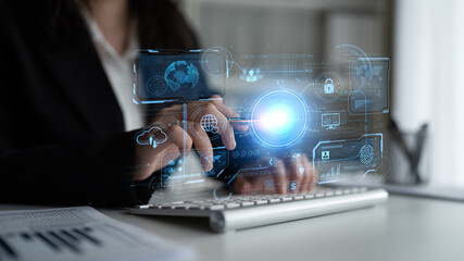 A futuristic command center interface for managing a global technology platform. The dashboard includes data security, network administration, and biometric user authentication. Fermion