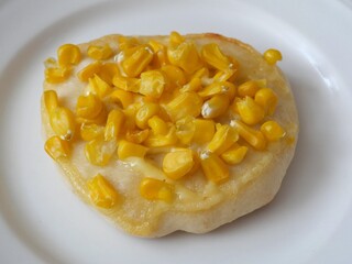 Japanese Corn Mayo Bread on White Plate, Homemade Savory Bakery