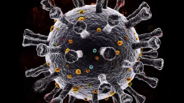 Abstract representation of a virus cell mutating, spikes changing shape, dark background, dramatic lighting, scientific visualization.