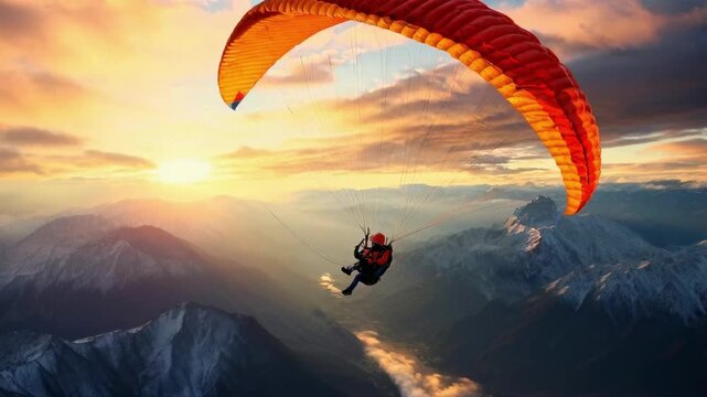 Aerial video shot of a paraglider soaring over mountains at sunset, capturing a breathtaking view with a warm, vibrant color palette.