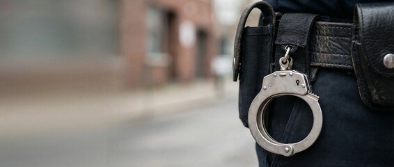 Handcuffs hanging from police officer's belt on urban street  