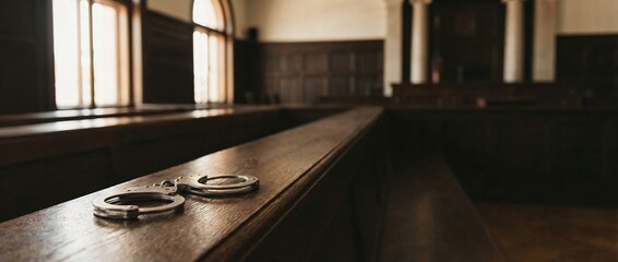 Handcuffs on wooden bench in empty courtroom with natural light  