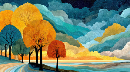 An artistic landscape in a decorative style with vibrant autumn trees by the water and undulating layers of sky and hills.  