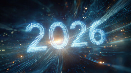Envisioning the future: A striking digital display announces the year 2026, set against a backdrop of dynamic data streams and a futuristic digital world. 