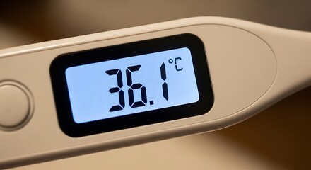 Digital Thermometer Displaying Normal Body Temperature in Celsius.