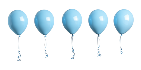 5 blue balloons floating alone on a white background