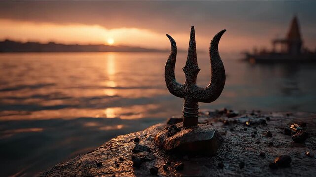 Close up of metal Shiva Trishul trident symbol on river bank during sunset with temple silhouette in background