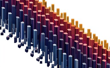 Fototapeta premium Abstract cityscape of colorful cubes transitioning from cool blues to warm oranges on gradient background.