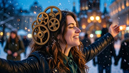 Joyful Steampunk Woman in Snow