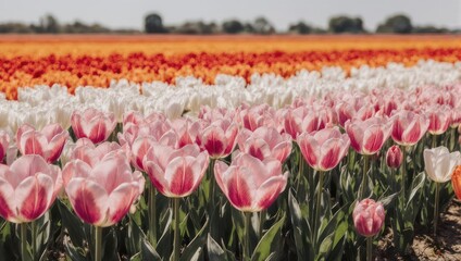Vast Field of Pink and White Tulips in Bloom Under a Sunny Sky.