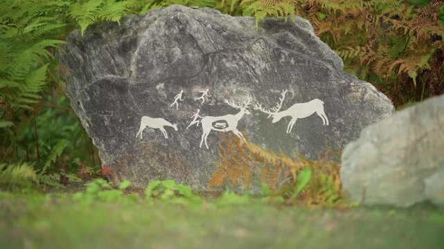 ancient rock with animal petroglyphs, mossy boulder nestled among ferns, white painted deer horse and canine figures on weathered granite, orange lichen at base, shaded forest understory, quiet