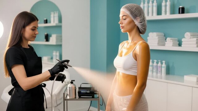 Beautician applying spray tan to a woman's body in a salon, creating a bronzed glow.
