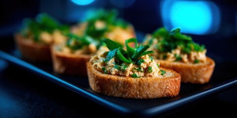 Plant based party appetizers, A delicious platter featuring toasted bread topped with a savory spread and fresh herbs, presented elegantly on a dark background.