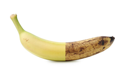 Obraz premium Comparison of fresh and overripe banana isolated on white. Collage showing changes in fruit peel