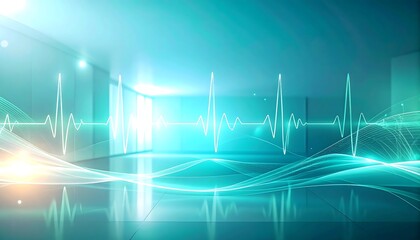 Abstract visualization of a pulsating heartbeat waveform against a futuristic, glowing blue and teal background with light streaks.