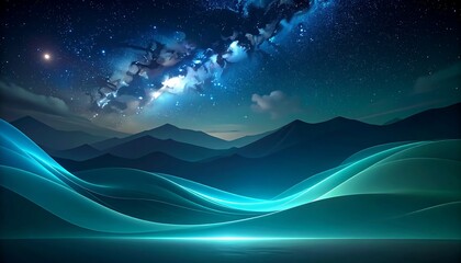 A breathtaking cosmic landscape unfolds with rolling hills under a starry night sky, illuminated by ethereal blue light.