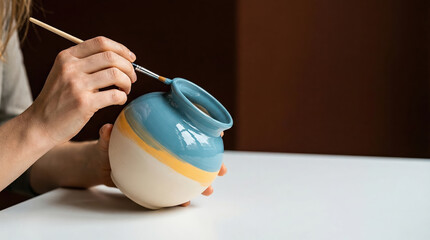 Person holds a pottery vase and paints it with blue and yellow colors in a workshop during a crafting session in the afternoon