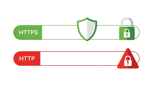 Secure HTTPS connection versus unsecure HTTP connection, network security and data protection concept