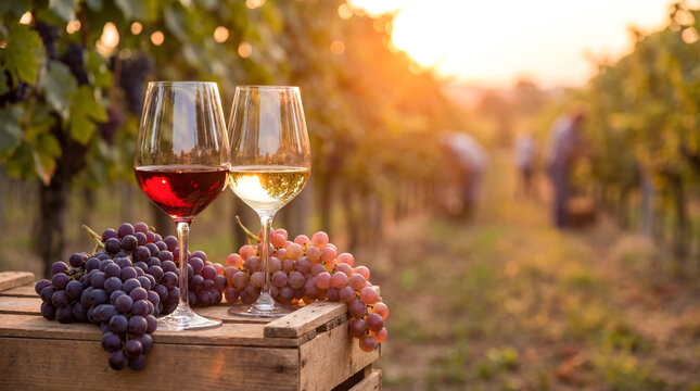 Two glasses filled with red and white wine sit on a wooden crate among grapevines during sunset with workers harvesting grapes in the background