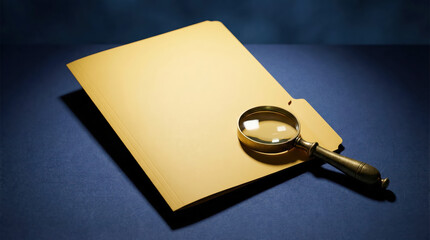 A magnifying glass rests atop a bright yellow file folder, all set against a blue surface in a well-lit study environment during the daytime