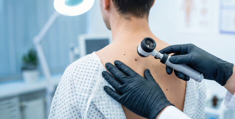 A doctor is thoroughly examining a patient's skin in a bright medical office, using a dermatoscope to ensure a detailed evaluation during the daytime